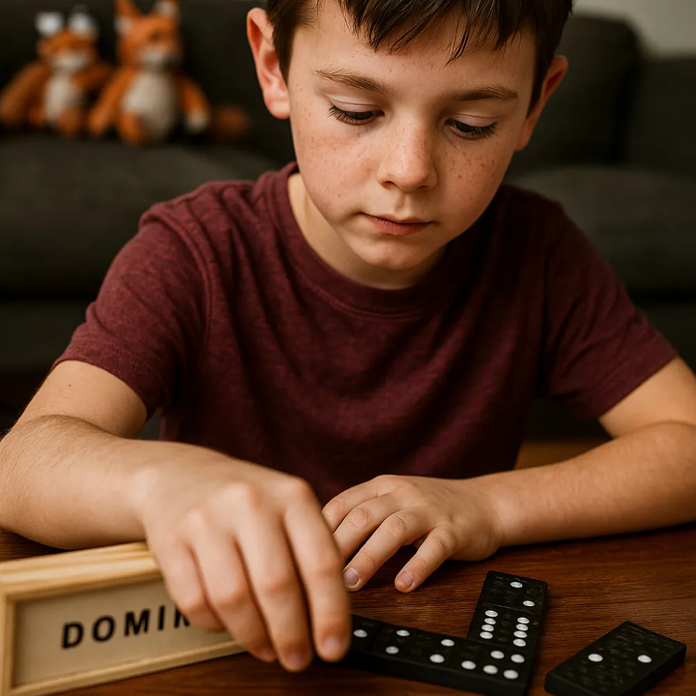 Domino Set Game in Wooden Slide Box & 28 Black Wooden Pieces 1