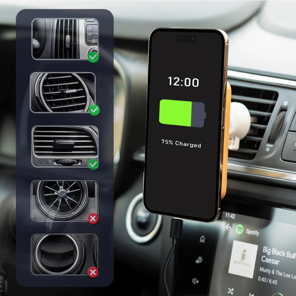 Bamboo Wireless Car Charger 15W Fast Charging & Type C 7