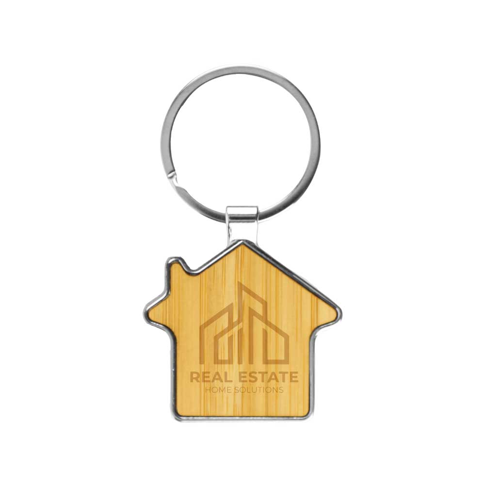 Bamboo and Metal Keychain House Shaped 32mm 1