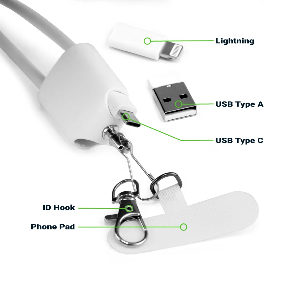 4 in 1 Lanyard Charging Cable 60W, 120cm Long with ID Hook & Phone Pad 3