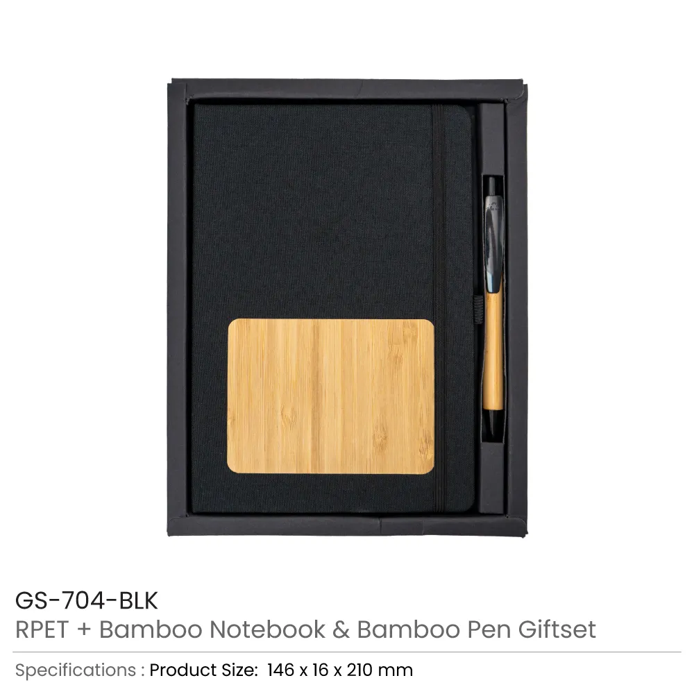 rPET and Bamboo Notebook with Pen Gift Sets in Black Cardboard Slide Box 1