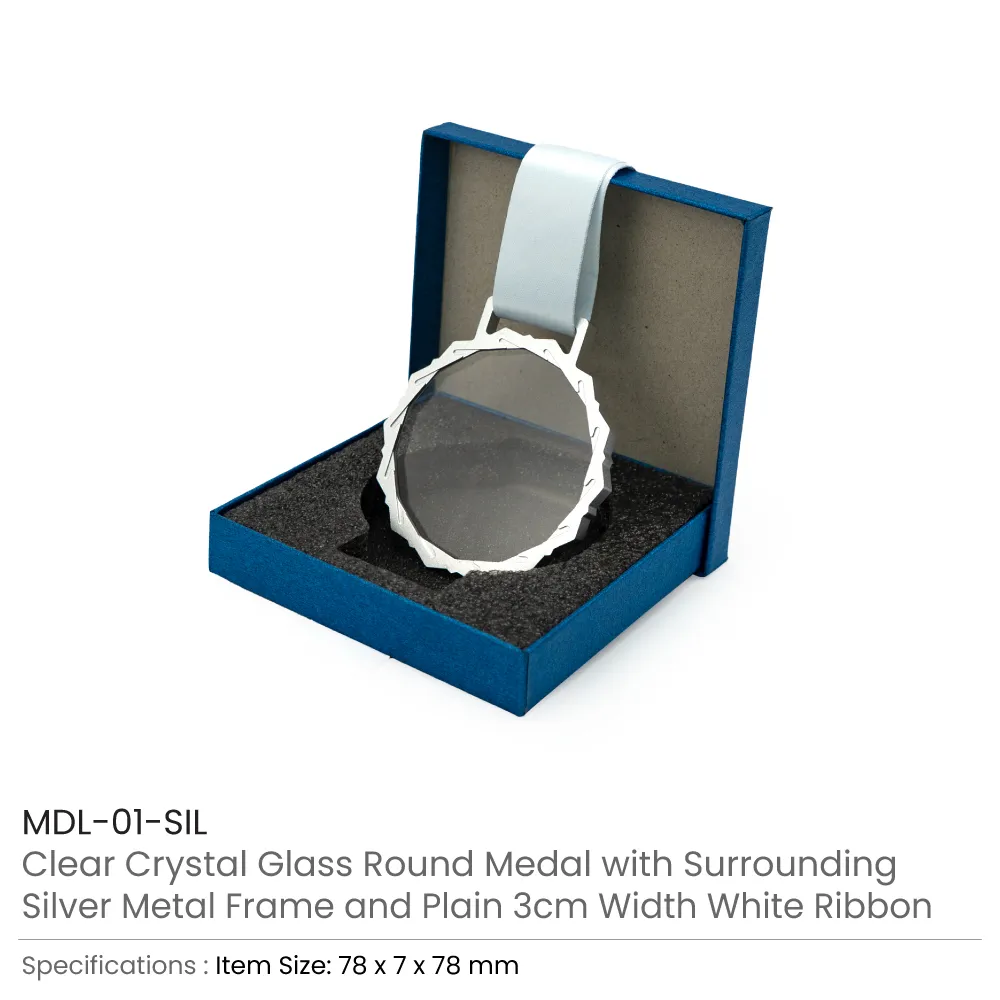 Glass Medals with Metal Frame, 3cm White Ribbon with Box 4