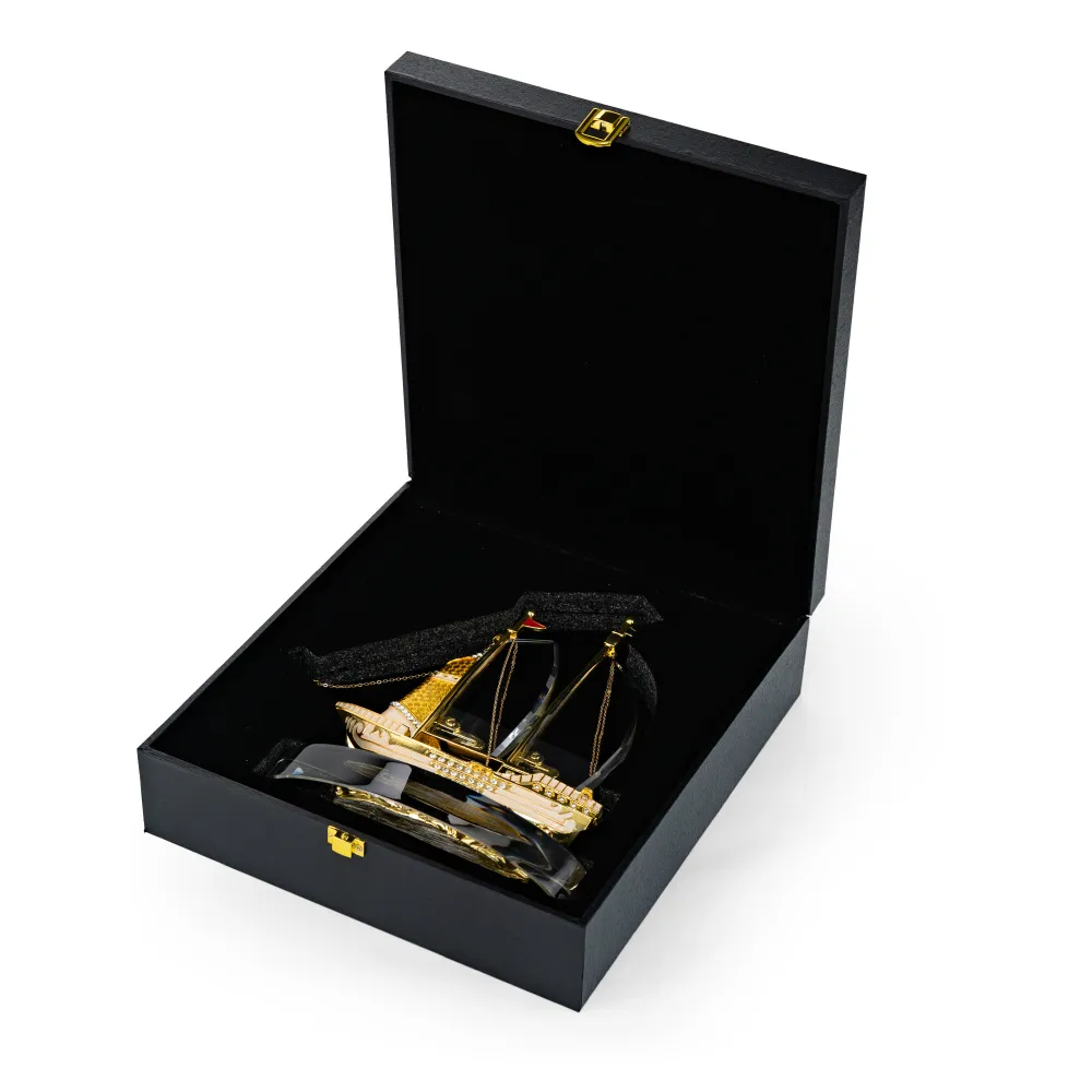 Golden Boat Shaped Memento in Metal with Glass Base in Luxury Box 7