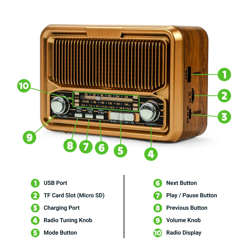 Vintage Design Bluetooth Speaker with Radio and Solar Panel 8