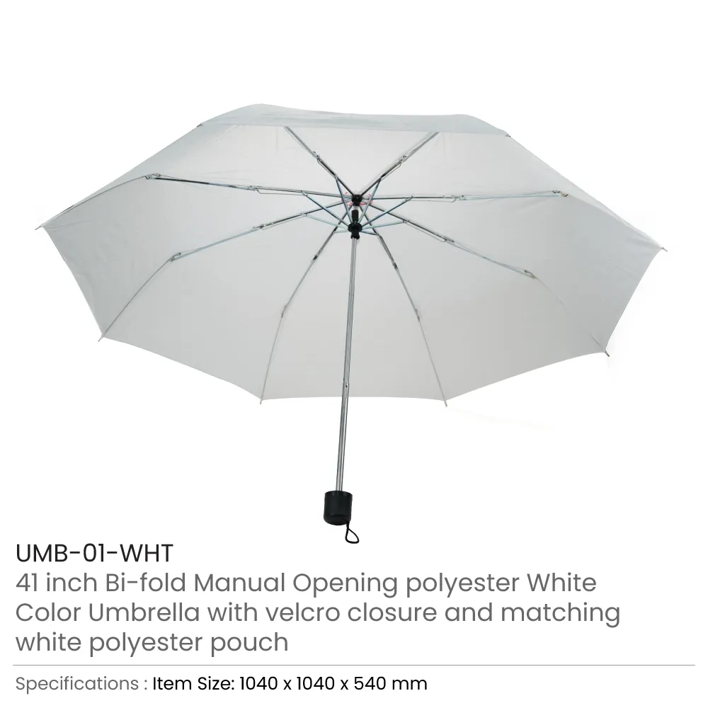 Bi-Fold Umbrella in White Color with Velcro Closure and Pouch 6