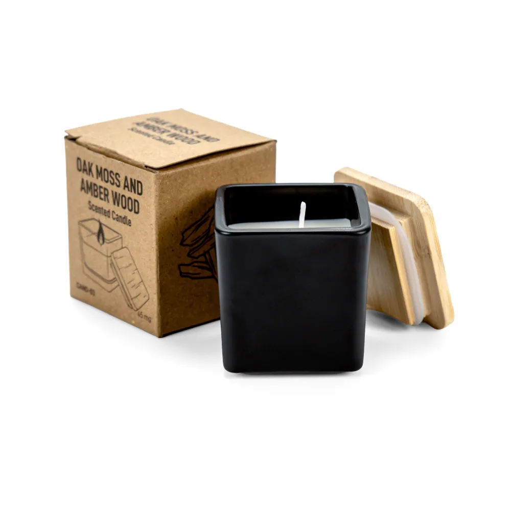 Scented Candle in Square Glass Bottle, Bamboo Lid, Oakmoss & Amber Scent 7