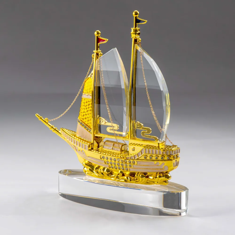 Golden Boat Shaped Memento in Metal with Glass Base in Luxury Box 2